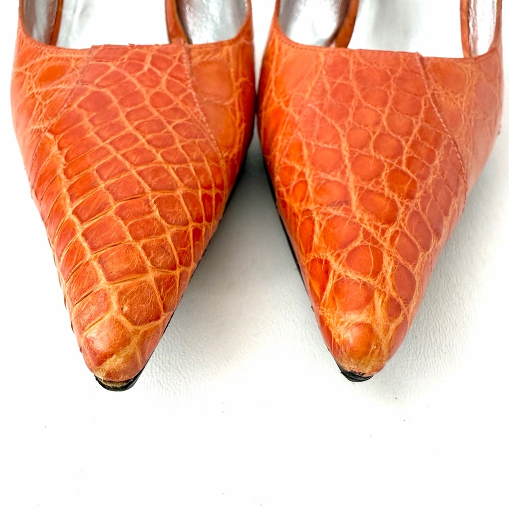 DOLCE & GABBANA | Orange Croc Embossed Slingback Kitten Heels EU 37.5 - Picture 5 of 13